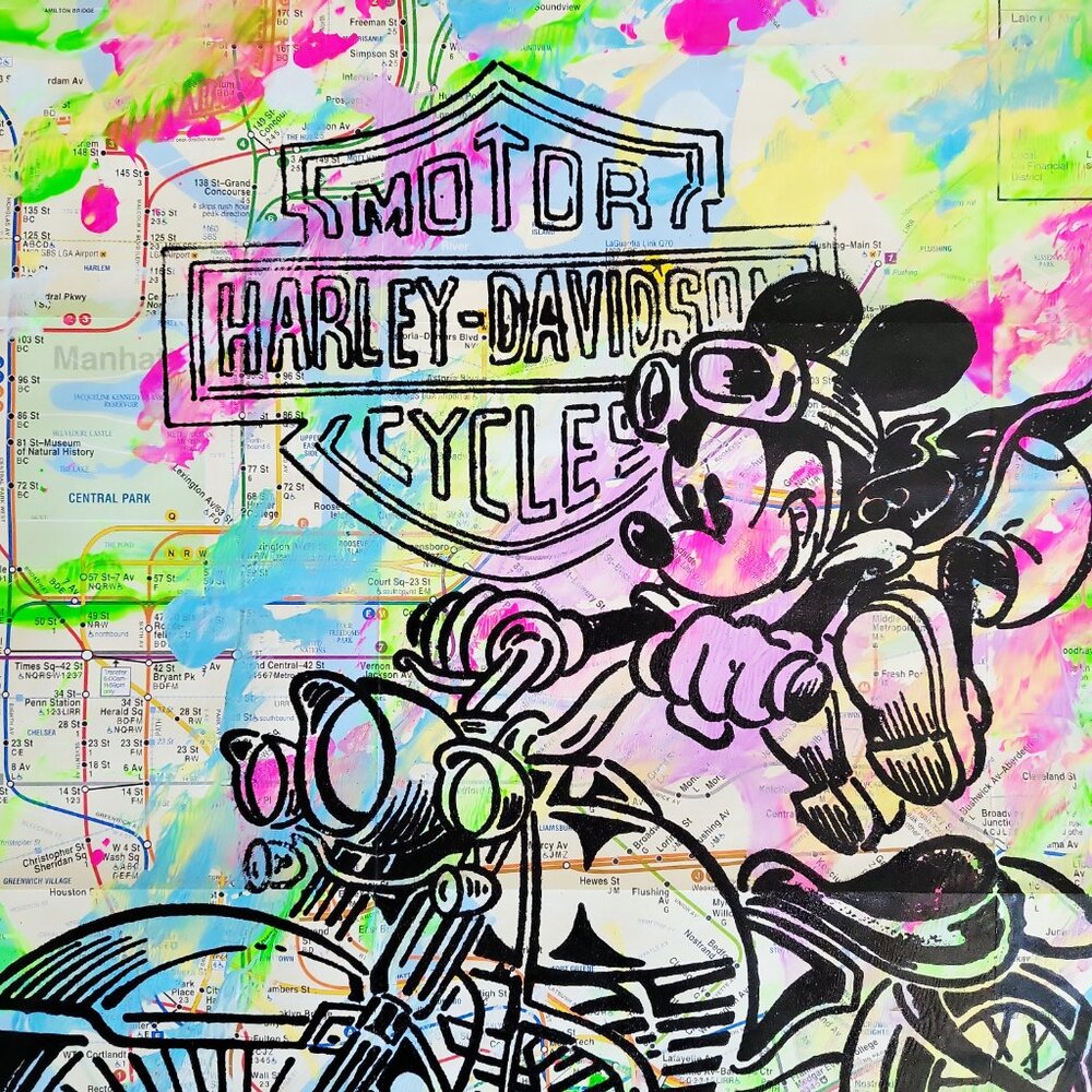 Handpainted Mickey Mouse Harley-Davidson Acrylic Art Painting on NYC Subway Map - Picture 3 of 9